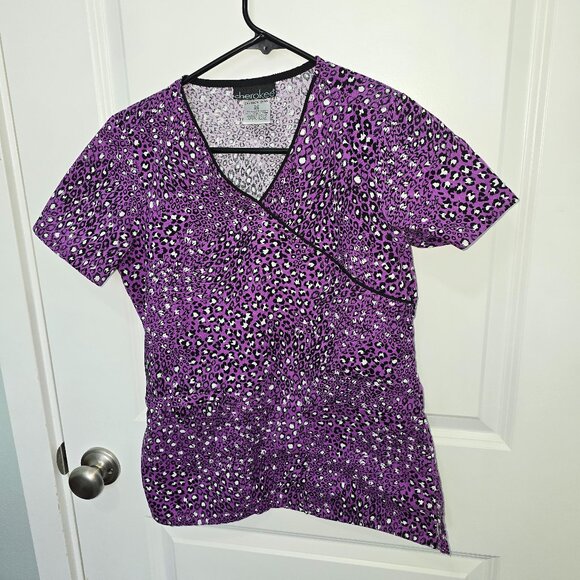 Cherokee Scrub Top Purple Black White Animal Print Wrap Look Size XS - Picture 1 of 6